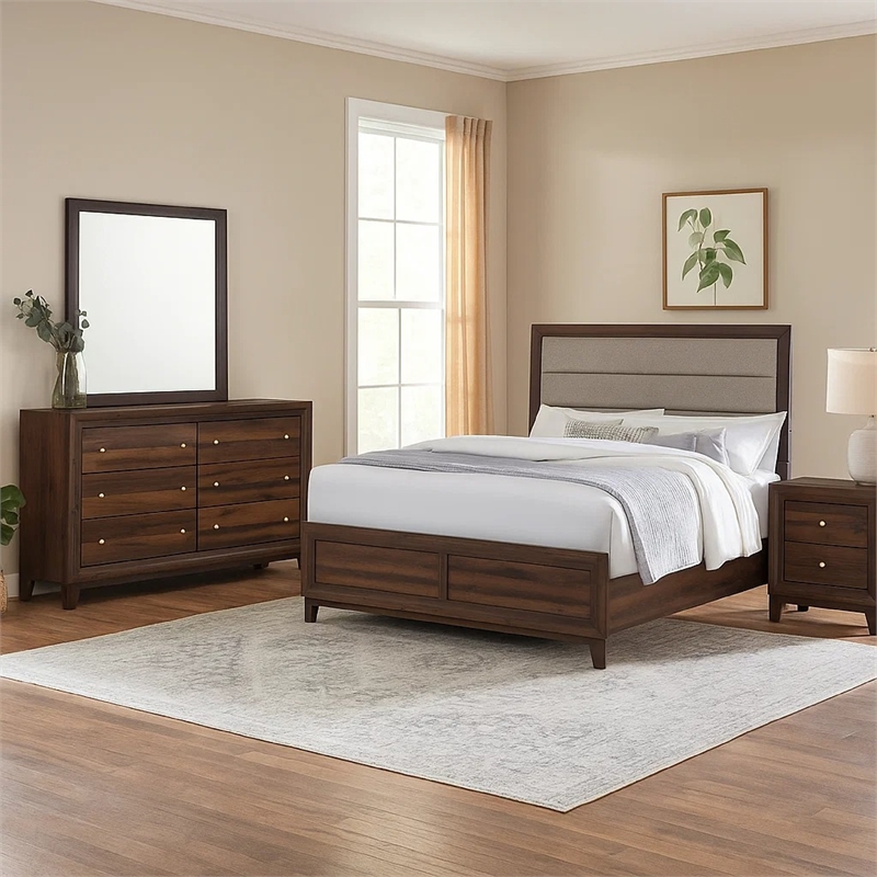 Yels 4 Piece Queen Bedroom Set-Gray Upholstery-Walnut Brown Wood