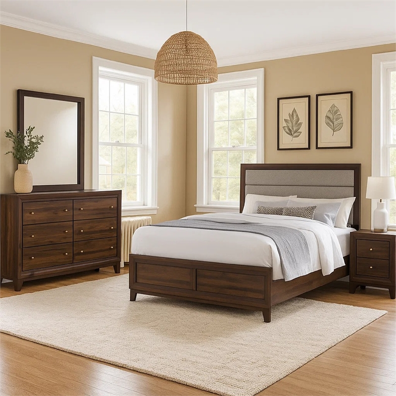 Yels 4 Piece Queen Bedroom Set-Gray Upholstery-Walnut Brown Wood