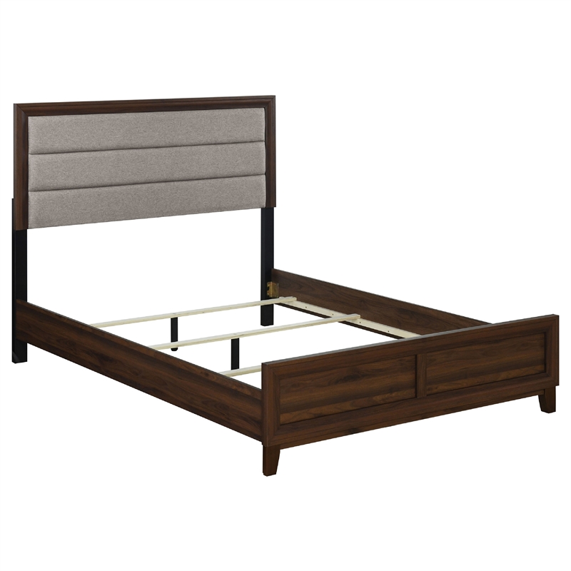 Yels 4 Piece Queen Bedroom Set-Gray Upholstery-Walnut Brown Wood