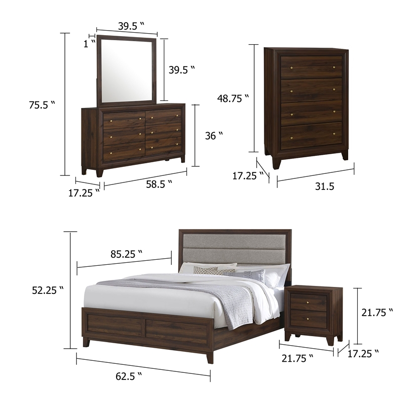 Yels 5 Piece Queen Bedroom Set-Gray Upholstery-Walnut Brown Wood