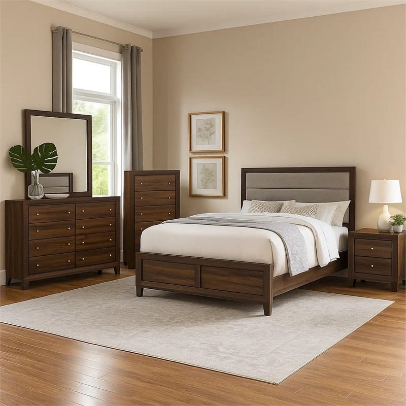 Yels 5 Piece Queen Bedroom Set-Gray Upholstery-Walnut Brown Wood