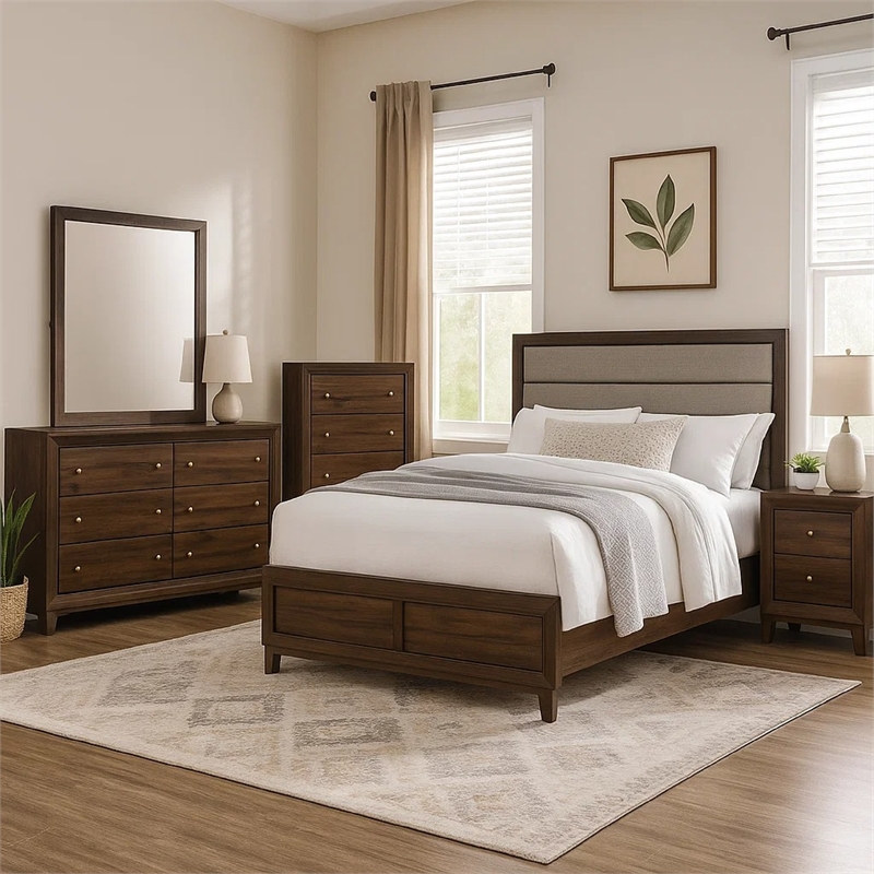 Yels 5 Piece Queen Bedroom Set-Gray Upholstery-Walnut Brown Wood