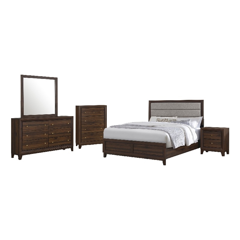 Yels 5 Piece Queen Bedroom Set-Gray Upholstery-Walnut Brown Wood