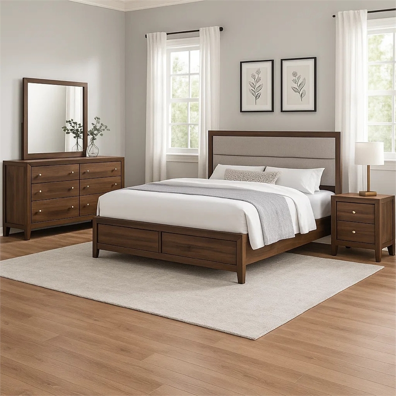 Yels 4 Piece King Bedroom Set-Gray Upholstery-Walnut Brown Wood