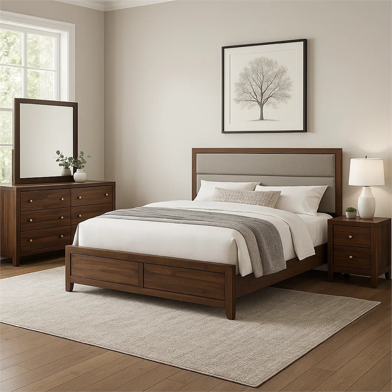 Yels 4 Piece King Bedroom Set-Gray Upholstery-Walnut Brown Wood