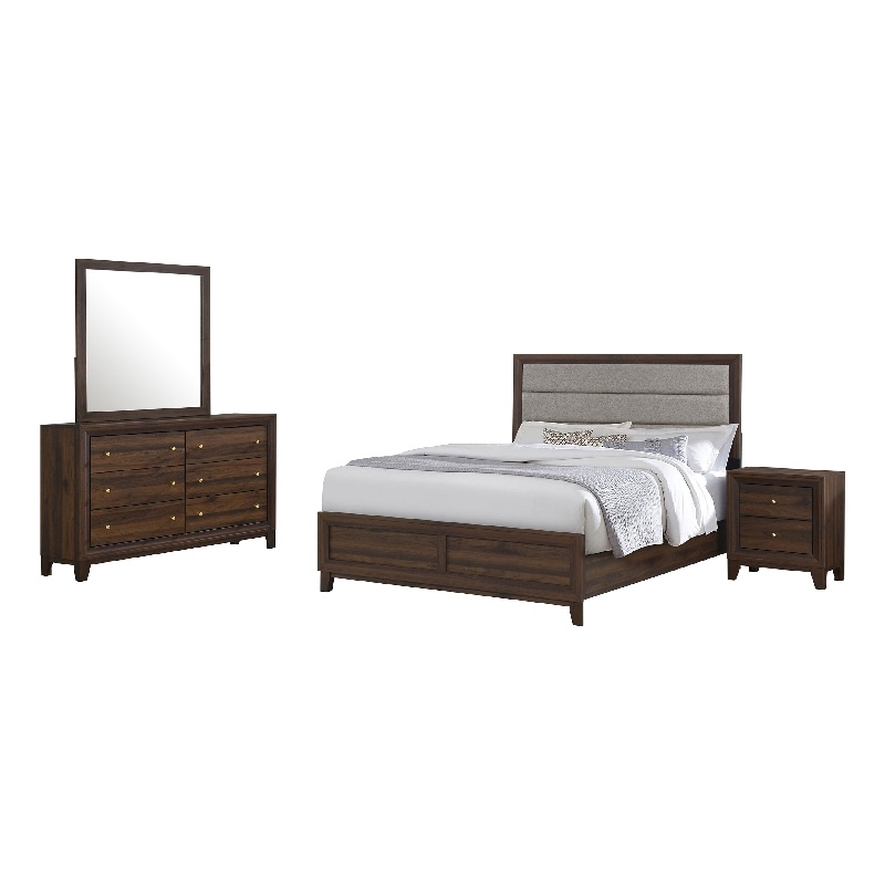 Yels 4 Piece King Bedroom Set-Gray Upholstery-Walnut Brown Wood
