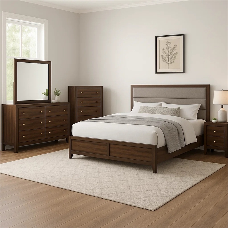 Yels 5 Piece King Bedroom Set-Gray Upholstery-Walnut Brown Wood