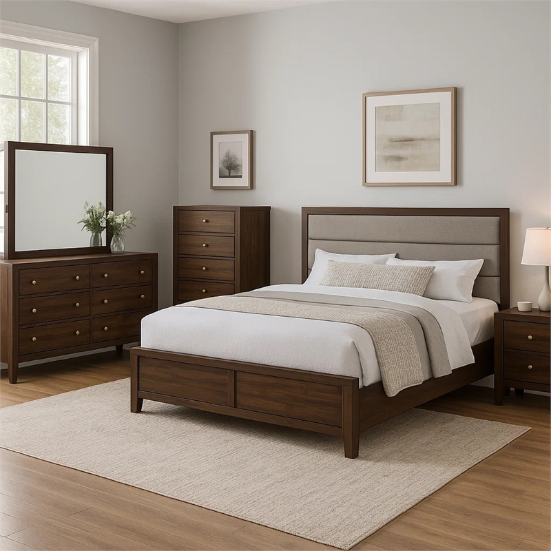 Yels 5 Piece King Bedroom Set-Gray Upholstery-Walnut Brown Wood