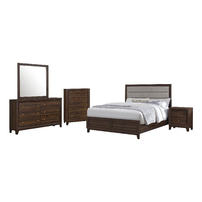 Yels 5 Piece King Bedroom Set-Gray Upholstery-Walnut Brown Wood