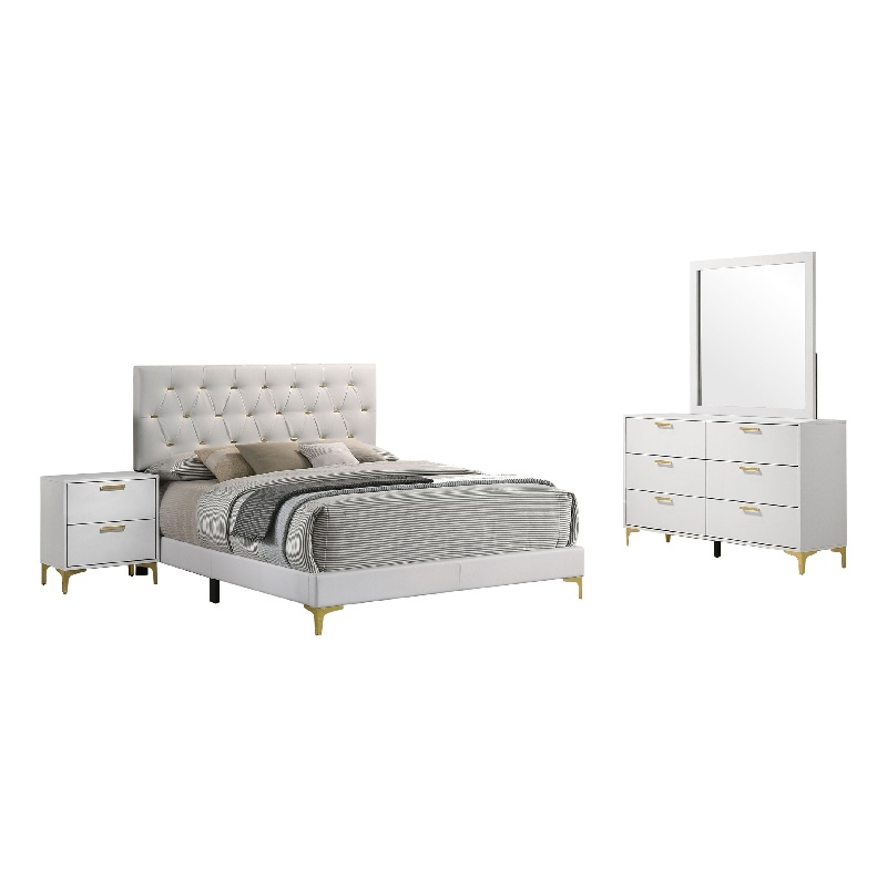 Dle 4 Piece Queen Bedroom Set-White Faux Leather-Modern Gold Accents