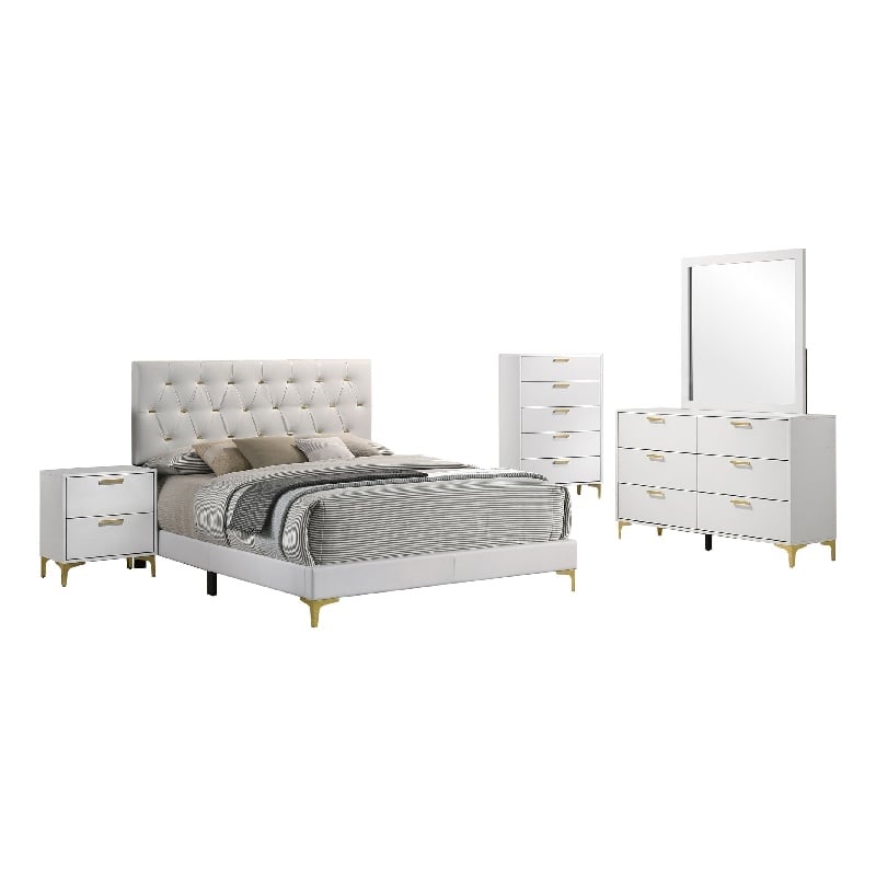 Dle 5 Piece Queen Bedroom Set-White Faux Leather-Modern Gold Accents