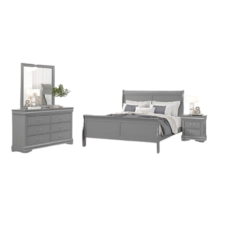 4pc Queen Bedroom Set with Nightstand Dresser and Mirror-Neutral Gray