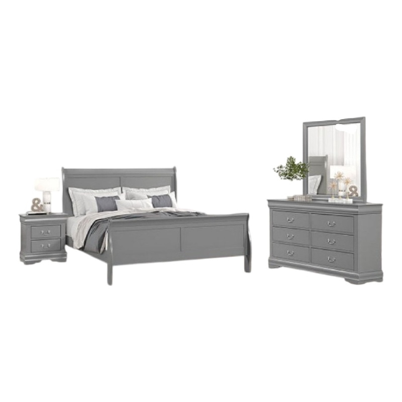 4pc Queen Bedroom Set with Nightstand Dresser and Mirror-Neutral Gray