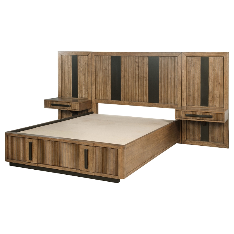Reon Queen Wall Panel Storage Bed Set with Nightstands-Ash Brown Wood