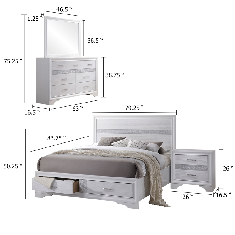 Vino White 4 Piece King Bed Set with Storage-Dressers-Glitter Accent