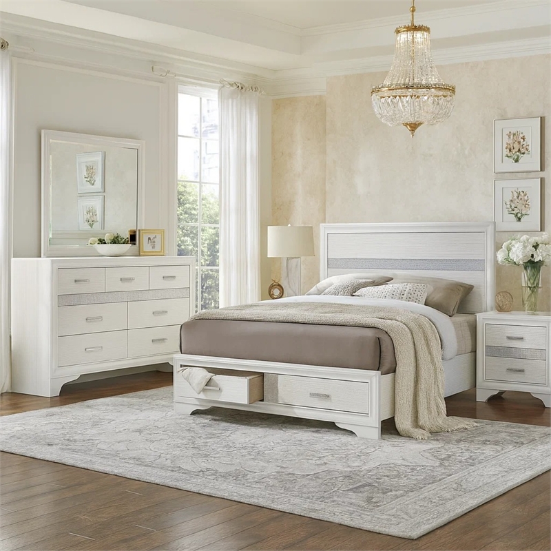 Vino White 4pc California King Bed Set with Dressers-Glitter Accent