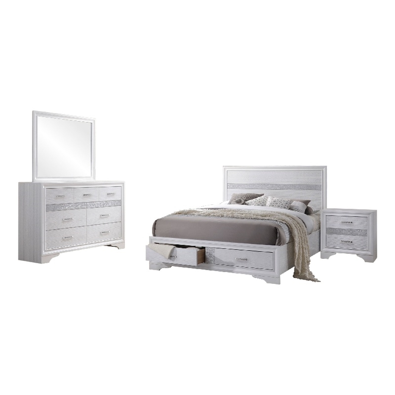 Vino White 4pc California King Bed Set with Dressers-Glitter Accent