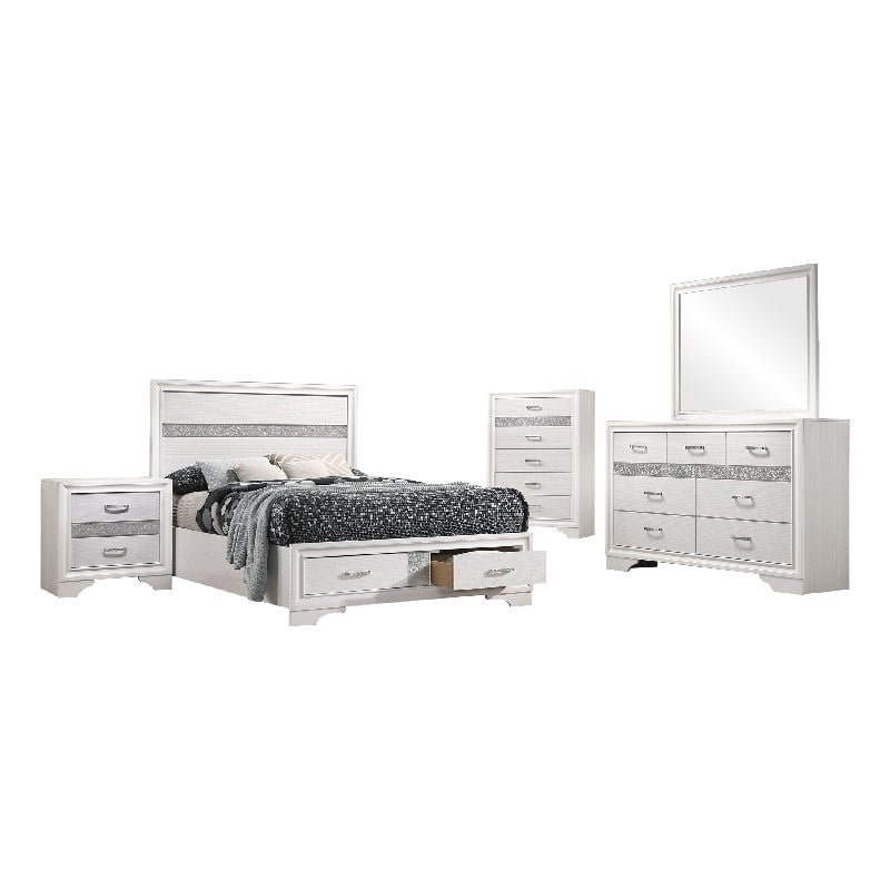 Vino White 5 Piece Full Bed Set with Storage-Dressers-Glitter Accent