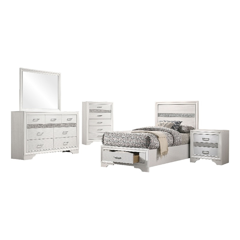 Vino White 5 Piece Twin Bed Set with Storage-Dressers-Glitter Accent