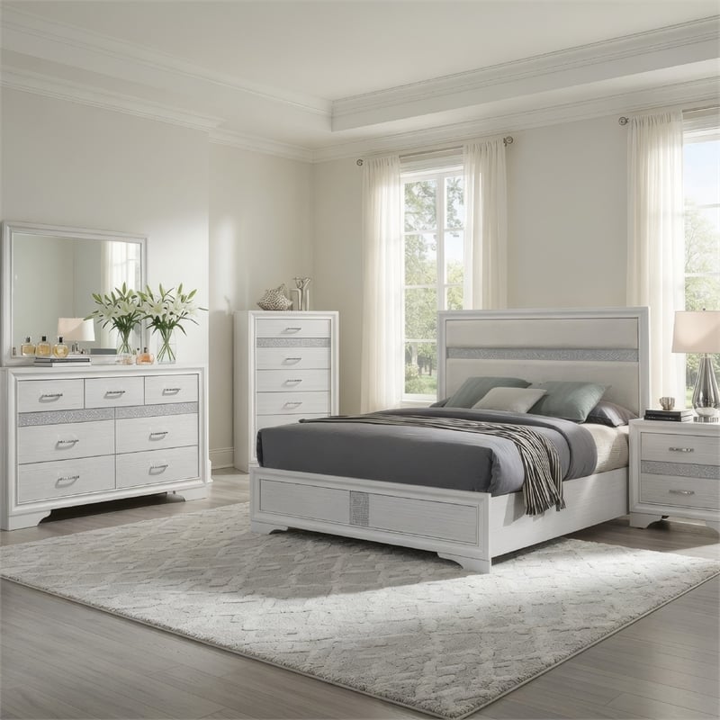 Vino White 5 Piece Queen Bed Set with Dressers-Mirror-Glitter Accent