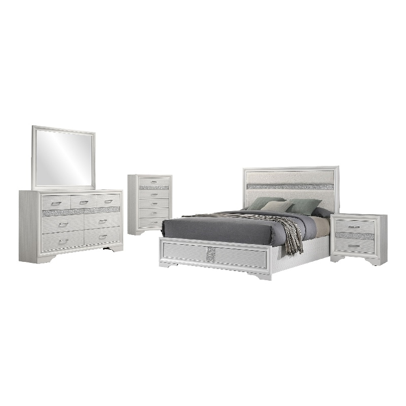 Vino White 5 Piece Queen Bed Set with Dressers-Mirror-Glitter Accent