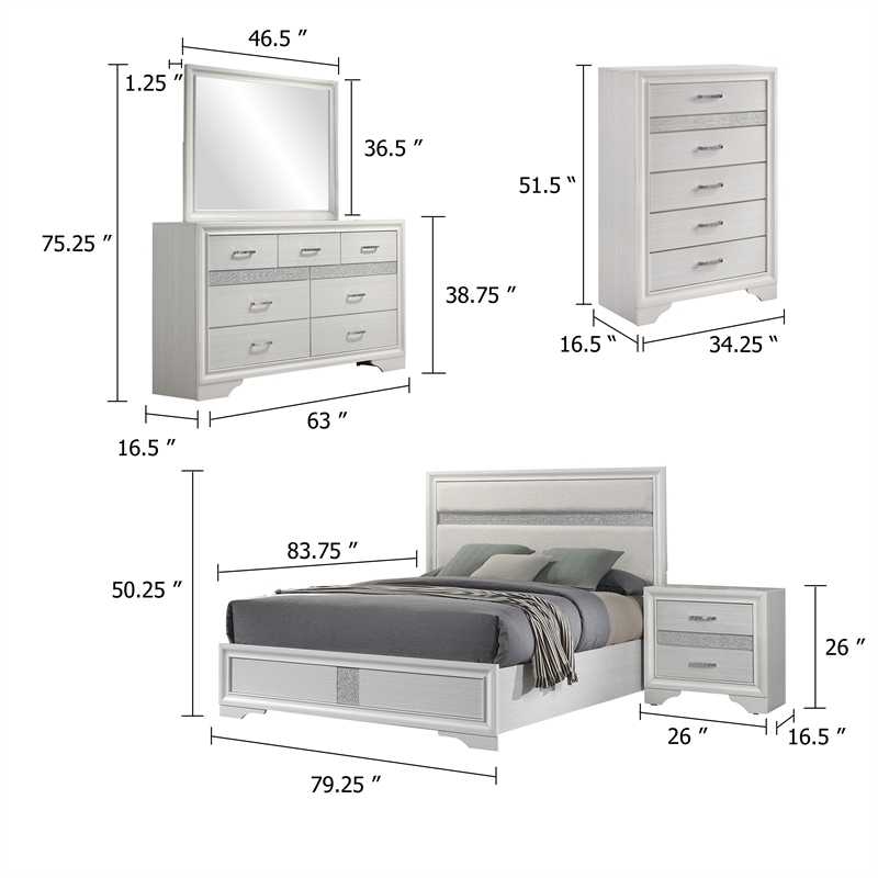 Vino White 5 Piece King Bed Set with Dressers-Mirror-Glitter Accent