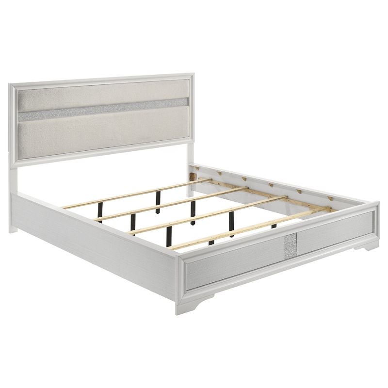 Vino White 4pc California King Bed Set with Dressers-Glitter Accent