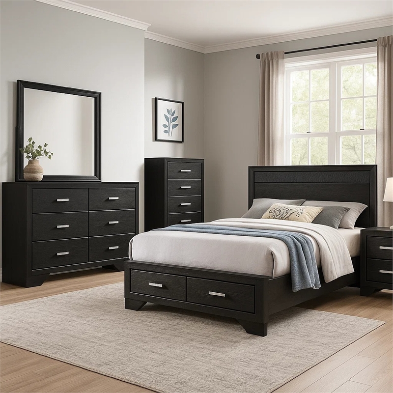 Vino Black 5 Piece Full Bed Set with Storage-Dressers-Glitter Accent