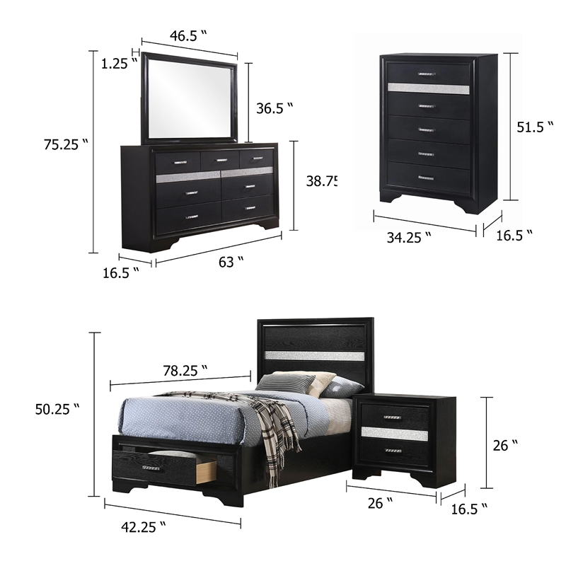 Vino Black 5 Piece Twin Bed Set with Storage-Dressers-Glitter Accent