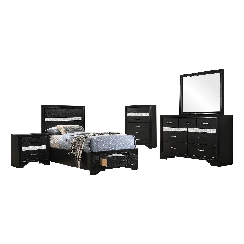 Vino Black 5 Piece Twin Bed Set with Storage-Dressers-Glitter Accent