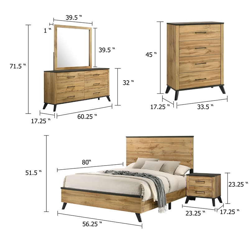 Wemy 5 Piece Full Size Bed Set-Rustic Brown Pine Wood-Tapered Legs