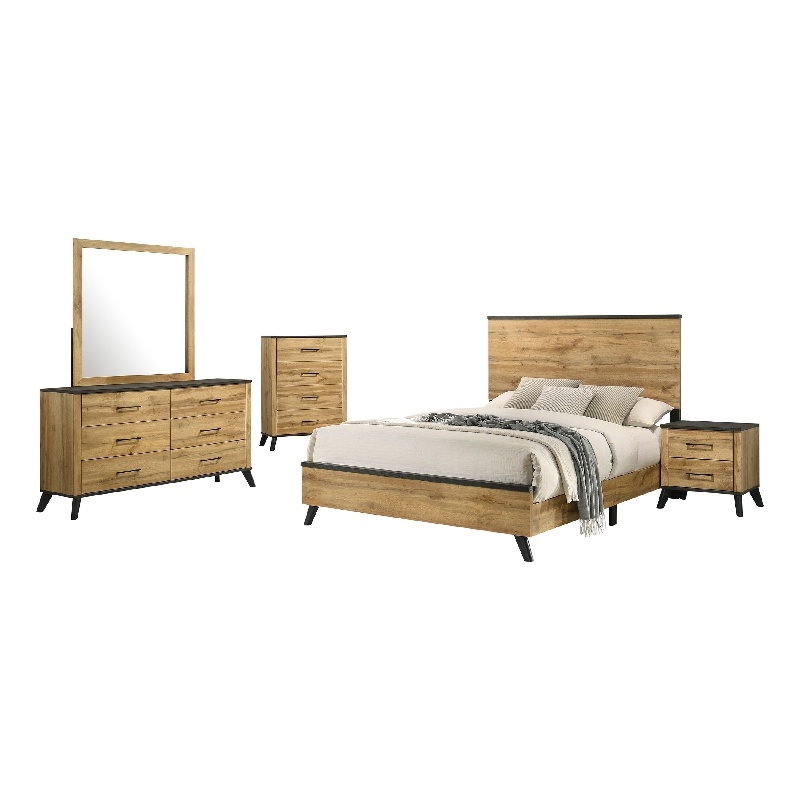 Wemy 5 Piece Full Size Bed Set-Rustic Brown Pine Wood-Tapered Legs