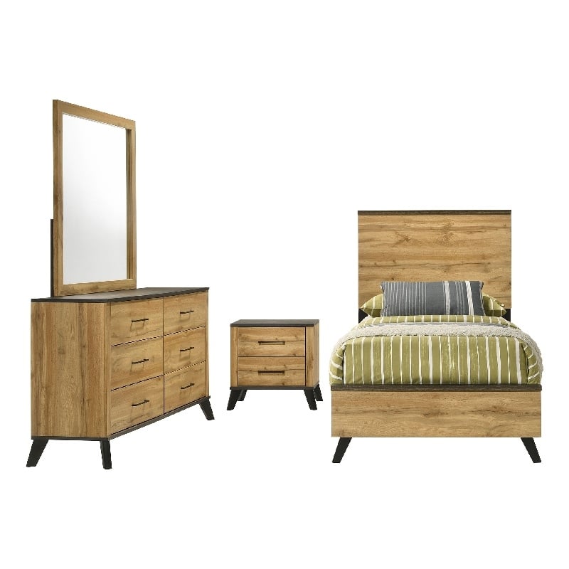 Wemy 4 Piece Twin Size Bed Set-Rustic Brown Pine Wood-Tapered Legs