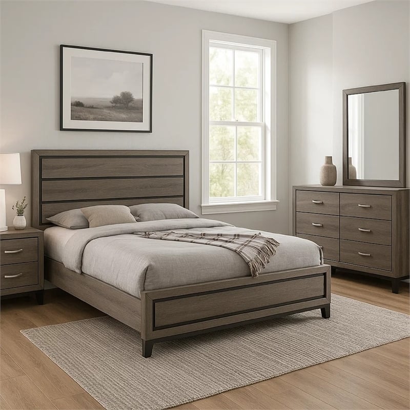 Mela 4pc Queen Bedroom Set-Nightstand Dresser and Mirror-Oak Gray