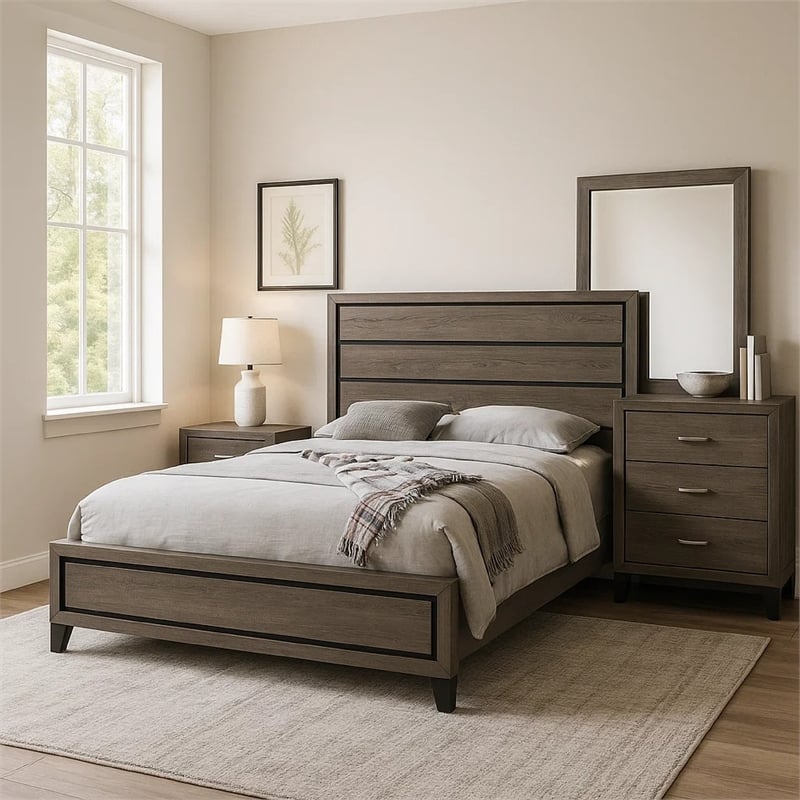 Mela 4pc Queen Bedroom Set-Nightstand Dresser and Mirror-Oak Gray