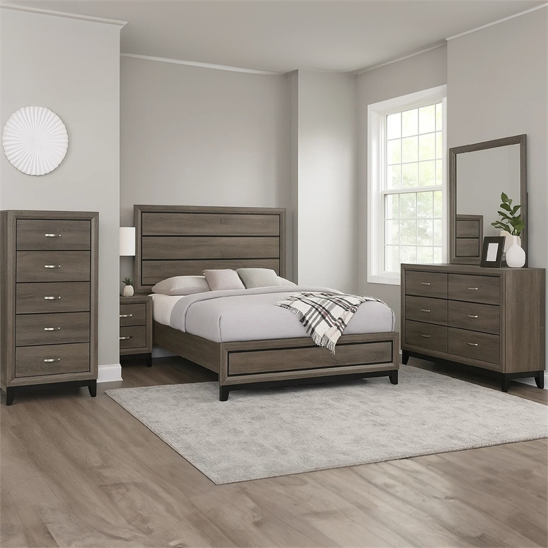 Mela 5pc Queen Bed Set-Nightstand Dresser Chest and Mirror-Oak Gray