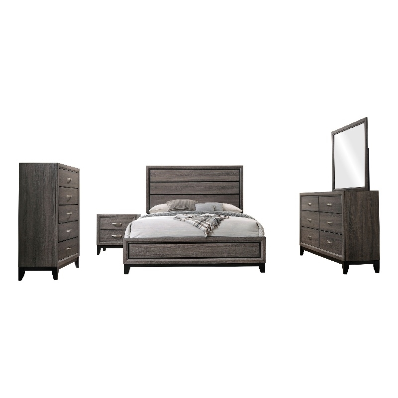 Mela 5pc Queen Bed Set-Nightstand Dresser Chest and Mirror-Oak Gray