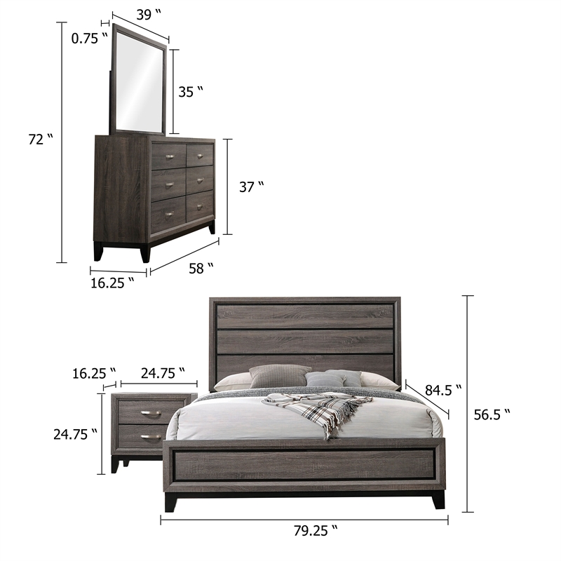 Mela 4pc King Bedroom Set-Nightstand Dresser and Mirror-Oak Gray