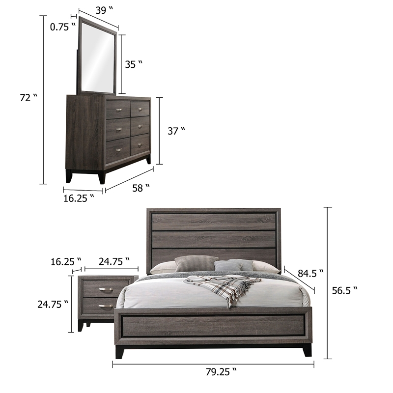 Mela 4pc King Bedroom Set-Nightstand Dresser and Mirror-Oak Gray