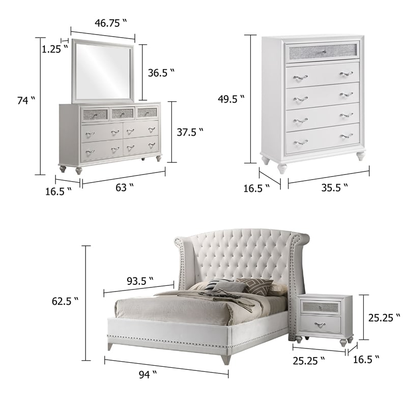 Dini Glam 5pc Cal King Bedroom Set-Tufted Wingback in White Velvet