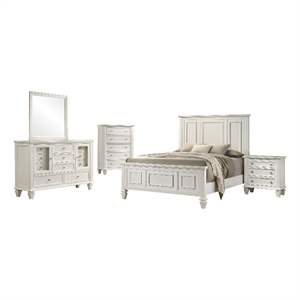 Lila 5 Piece Queen Bed Set-White Wood Headboard-Vanity Dresser and Chest