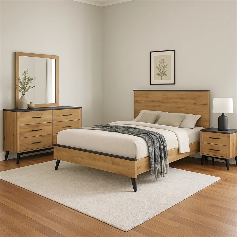 Wemy 4 Piece Queen Size Bed Set-Rustic Brown Pine Wood-Tapered Legs