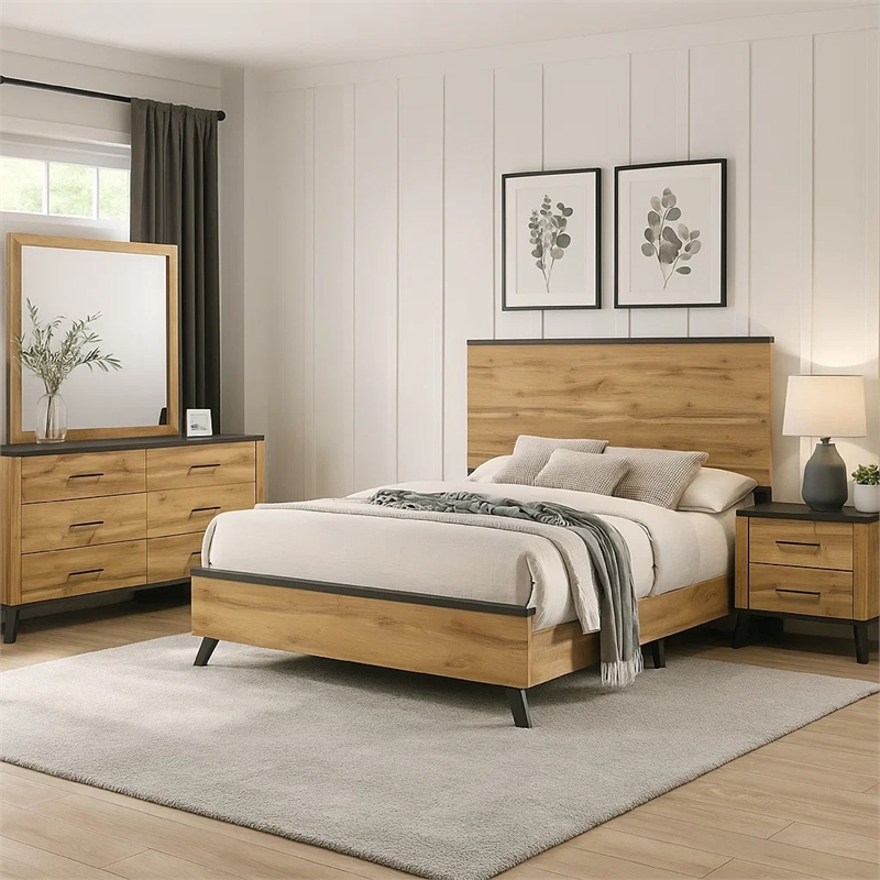 Wemy 4 Piece Full Size Bed Set-Rustic Brown Pine Wood-Tapered Legs