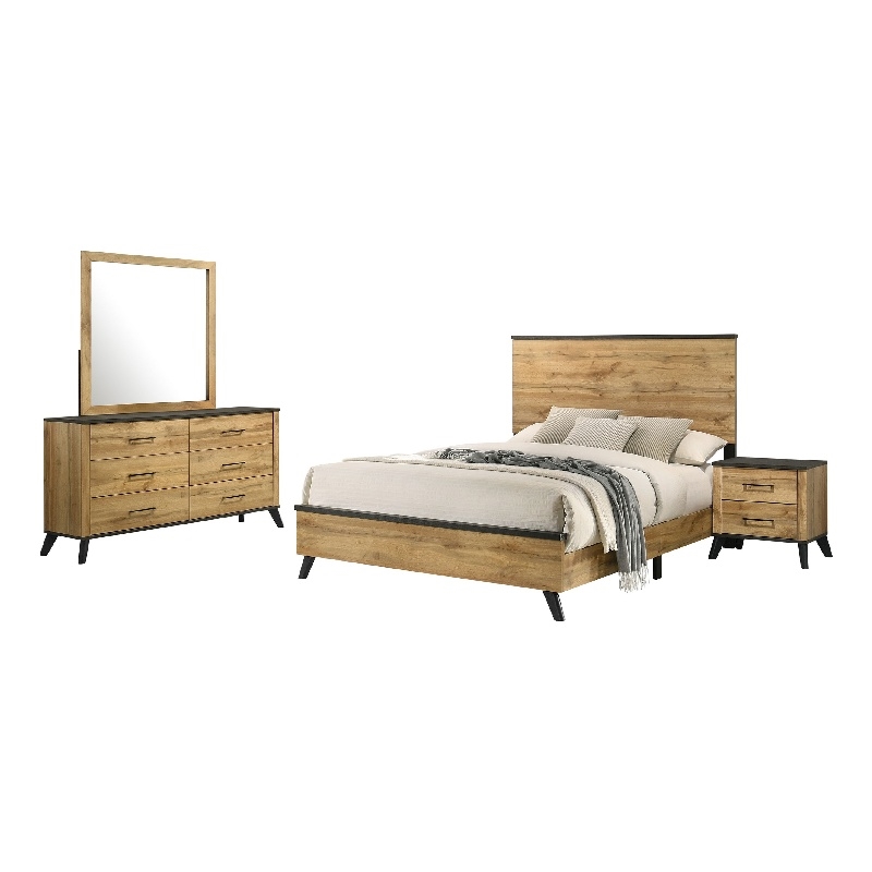 Wemy 4 Piece Full Size Bed Set-Rustic Brown Pine Wood-Tapered Legs