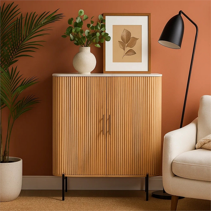 Cid Jolie Accent Cabinet-47 Inch Marble Top-Reeded Mango Wood-2 Doors