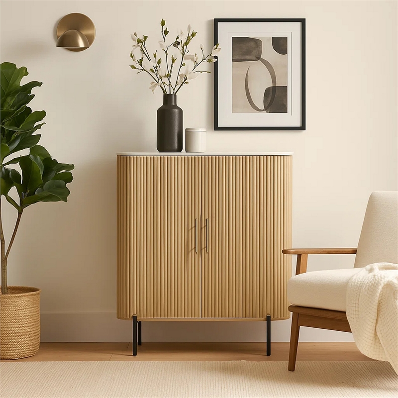 Cid Jolie Accent Cabinet-47 Inch Marble Top-Reeded Mango Wood-2 Doors