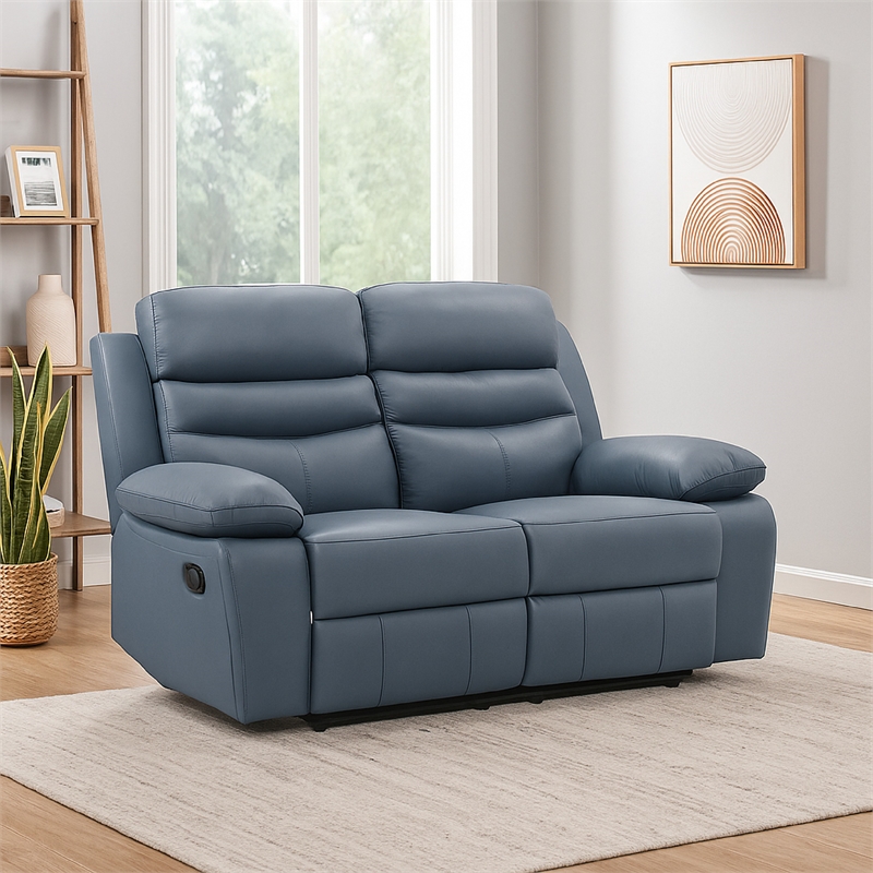 Hanna Manual Double Reclining Loveseat-Blue Top Grain Leather 64 Inch