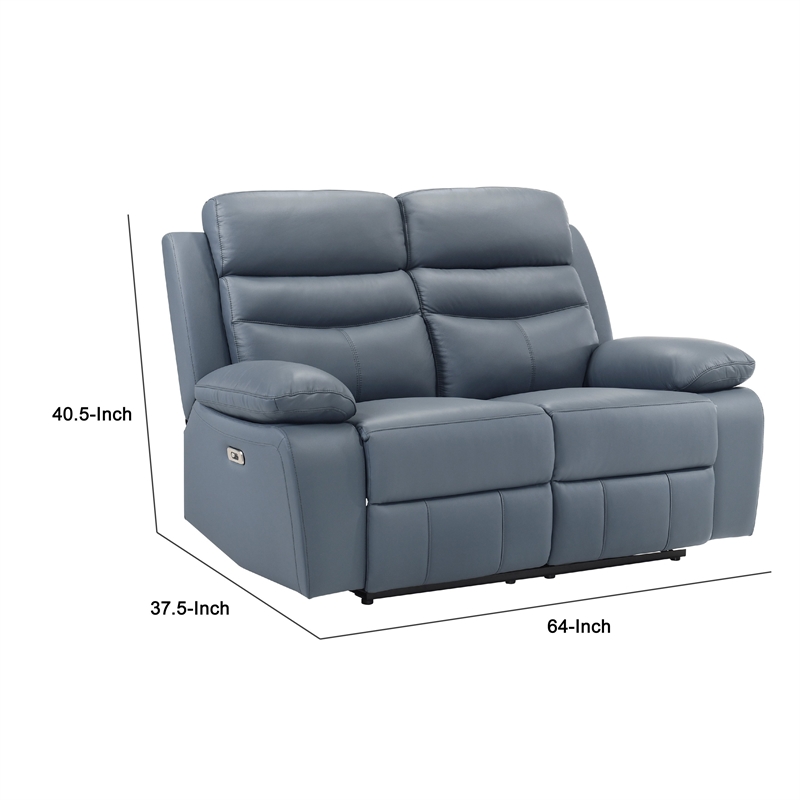 Hanna Power Double Recliner Loveseat-Blue Leather-USB-64 Inch