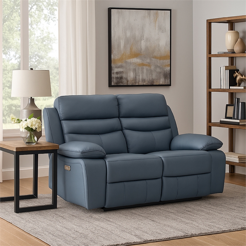 Hanna Power Double Recliner Loveseat-Blue Leather-USB-64 Inch
