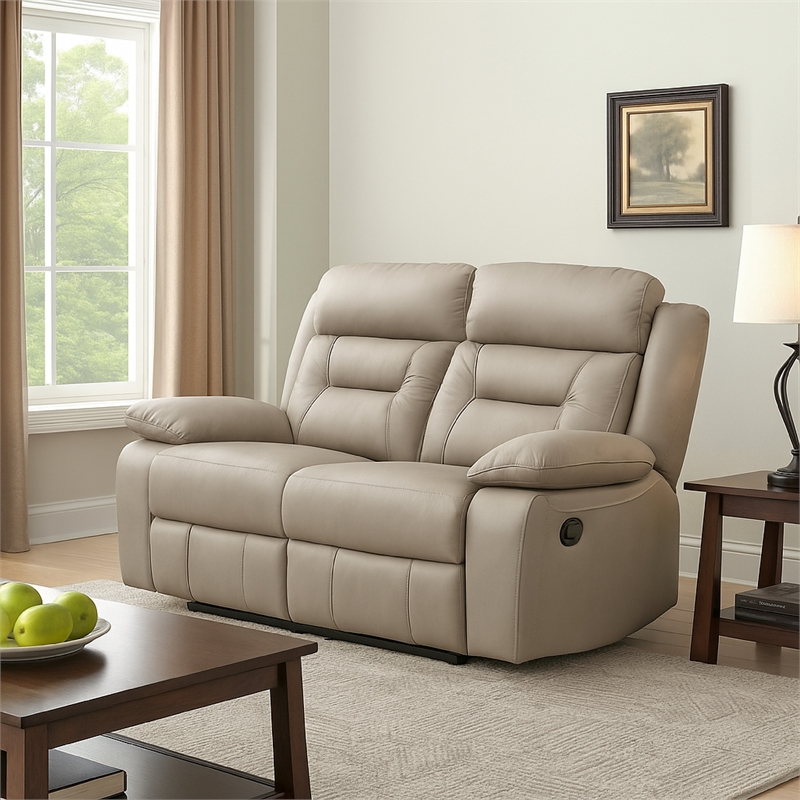 Conia Manual Double Reclining Loveseat-Latte Beige Leather-63 Inch